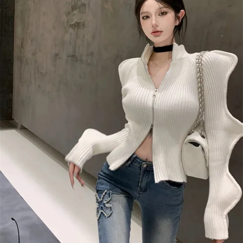 Tính Khí Rộng Vai Dây Kéo Áo Len Sóng Nước Bộ Áo Thun Ngắn Cardigan Đầu Nữ Thu Đông Mới Retro Đa Năng Slim Áo Khoác