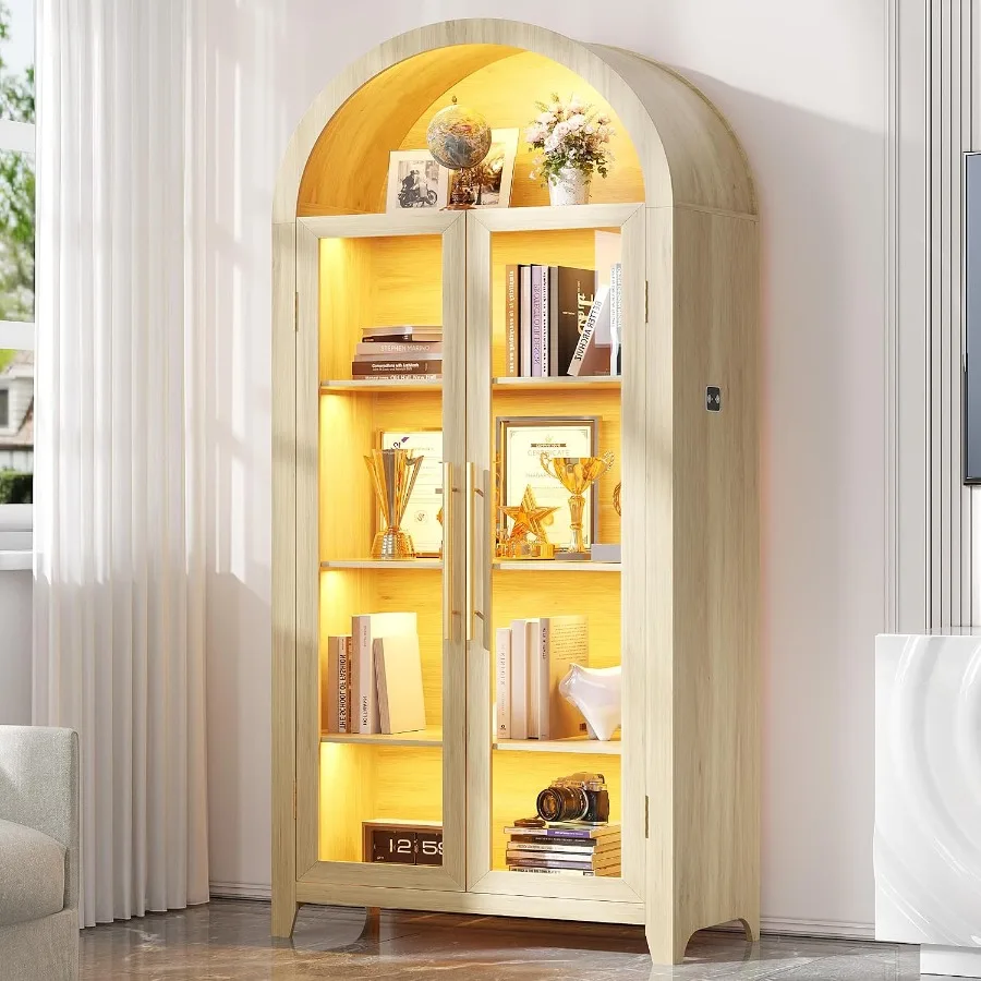 Arched Display Cabinet with Glass Doors and LED Light, 71" Tall