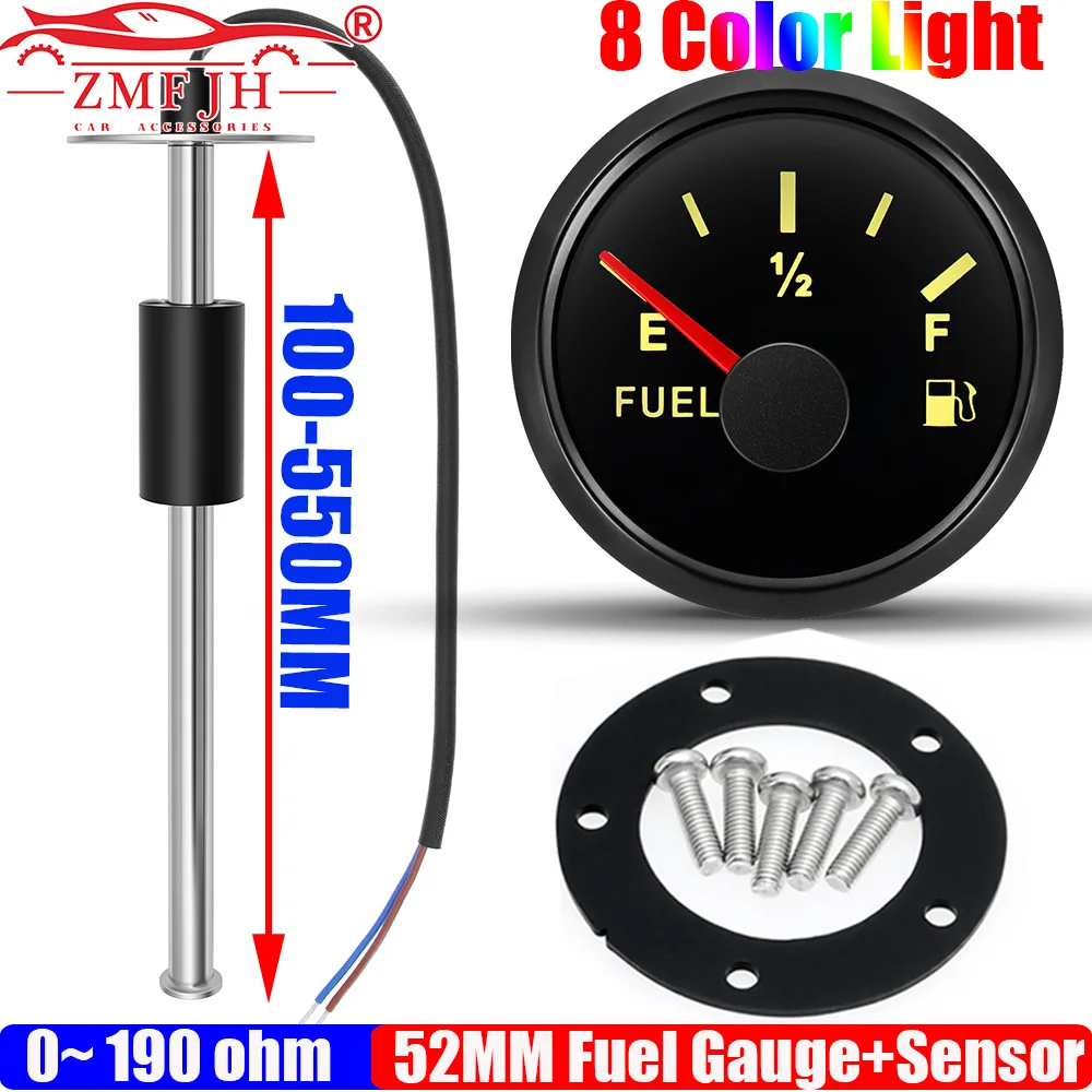 

ZMFJH 8 Color LED Pointer 52MM Fuel Level Gauge Waterproof IP67 0-190ohm Fuel Level Sensor 100-550MM for Universal Car Boat Yach