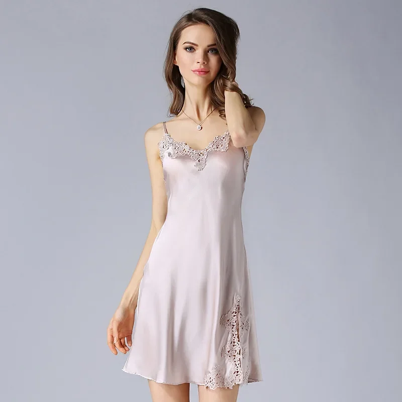 

Mulberry Silk Split Slip Nightdress Elegant V Neck Sexy Nighties Spaghetti Strap Sleep Dress Women's Sleepwear Short Dresses