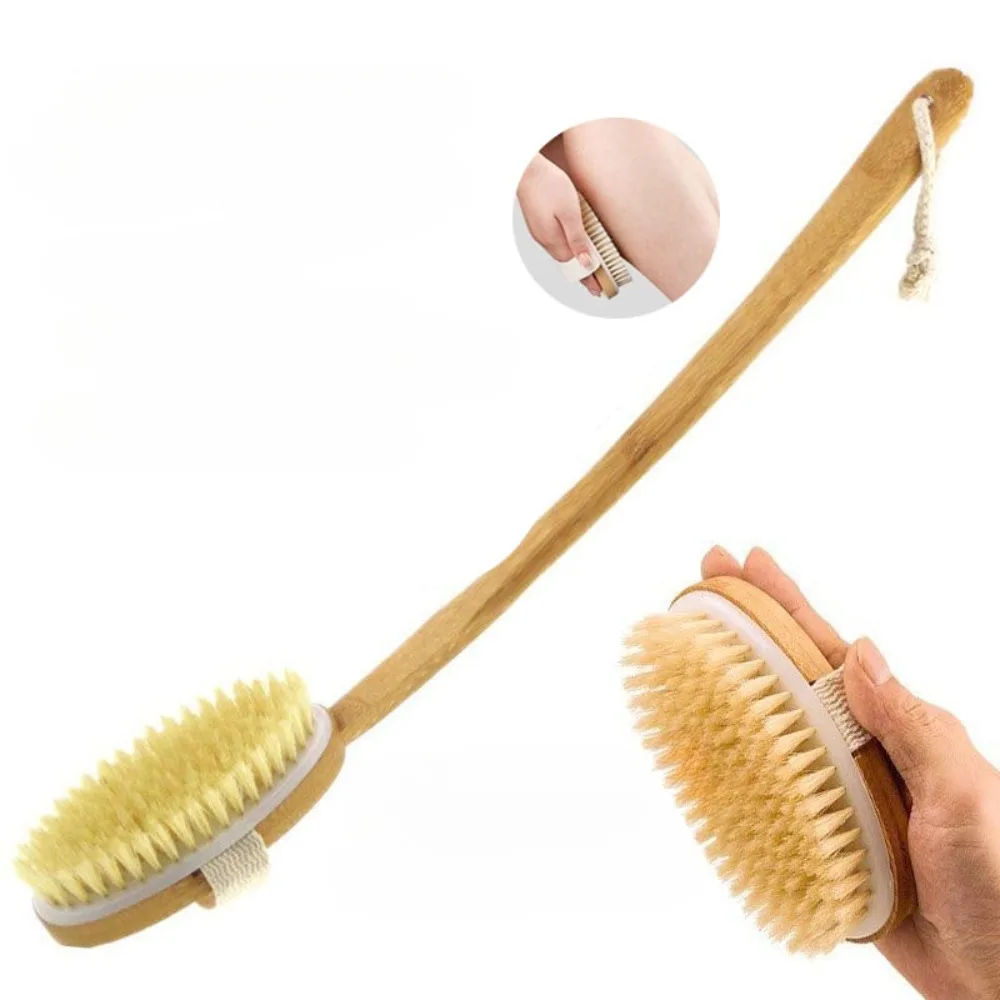 

1Pcs 43cm Natural Long Wood Handle Back Scrubber Anti Slip for Dry or Wet Skin Exfoliating Detachable Back Bath Brush for Shower