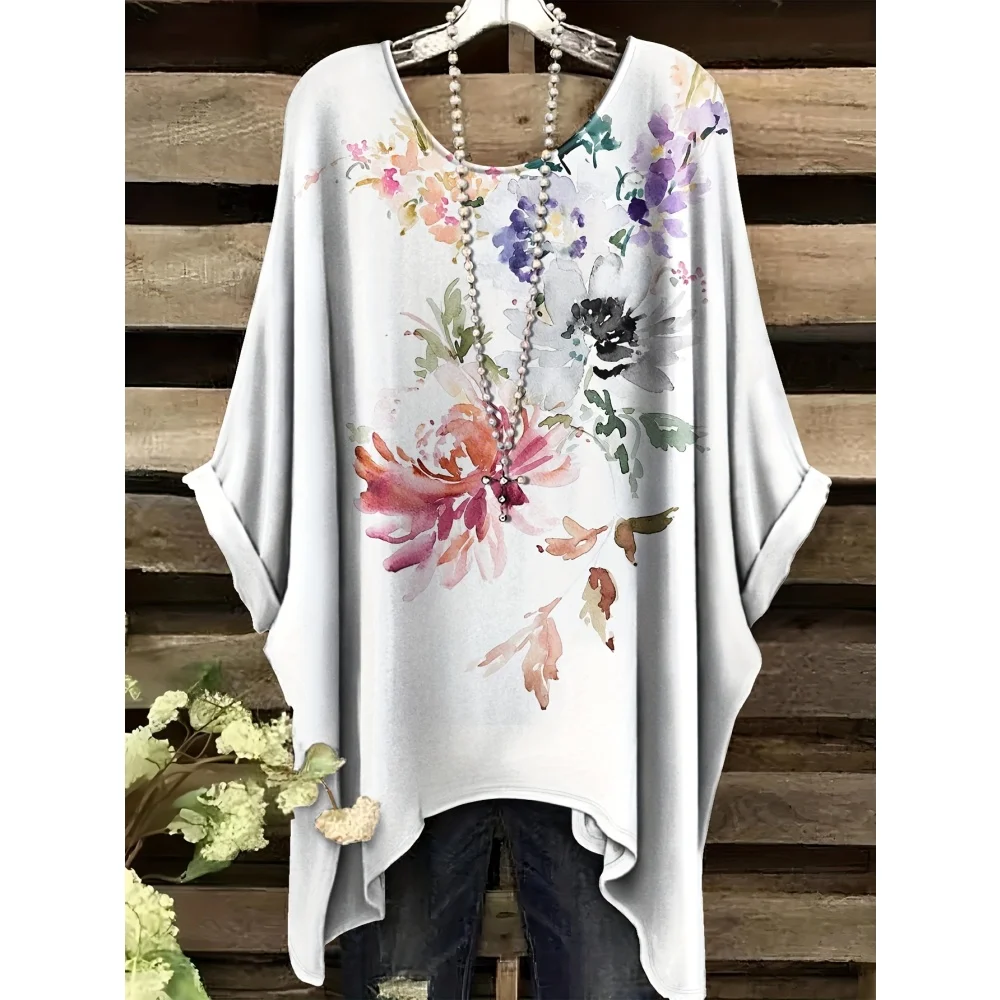 Women\'s Summer Bohemian Floral Print T-Shirt Vintage Light Purple Y2k Graphic Round Neck Clothing Elegant Woman Short Sleeve Top