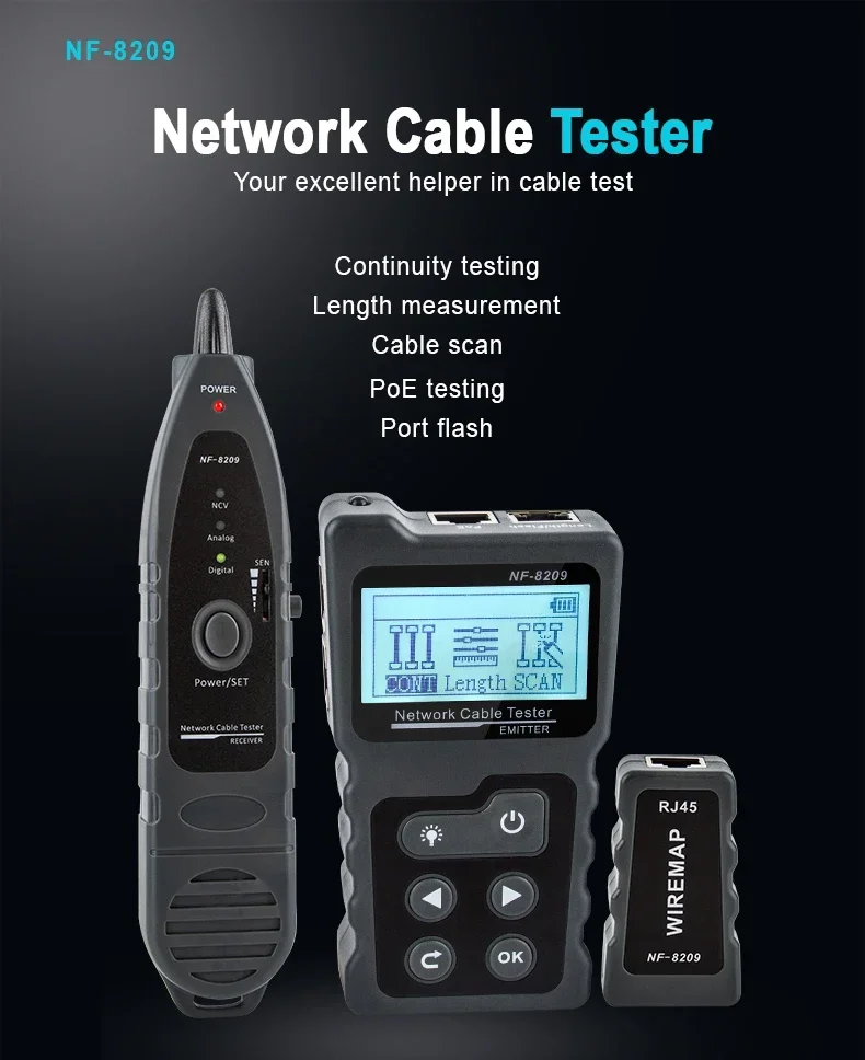 Imagem -02 - Noyafa Nf8209 Testador de Cabo Internet Display Lcd Medida Comprimento Cabl Rj45 Cabo Rastreador Utp Multifuncional Testador Ferramenta Rede