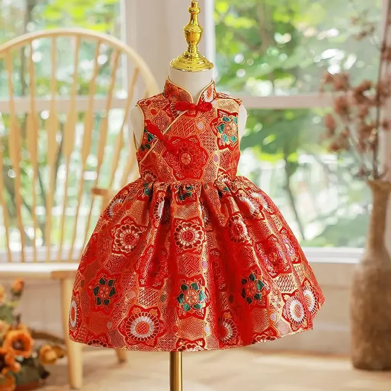 Kids Summer Red Dresses Styles Chinese Cheongsams For Girls Traditional Chinese Dress Children Tang Suit Baby Christmas Costumes