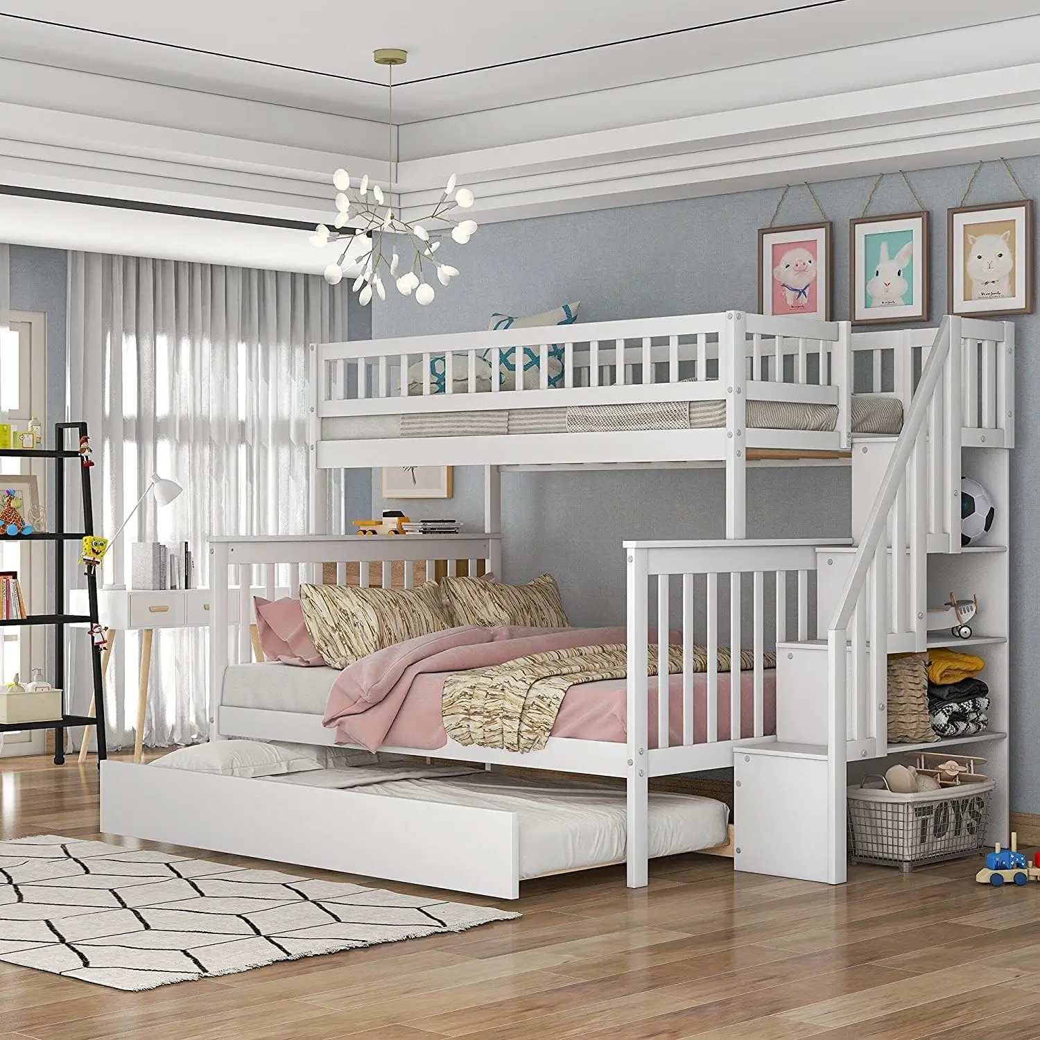 Bunk Beds with Twin Size Trundle and Stairway Solid Wood Bunk Bed ，Storage Stairway and Guard Rail for Kids