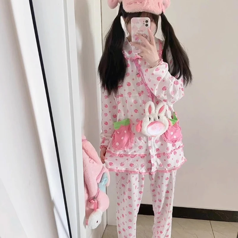 2025 New Women's Loungewear Cute Animal Print Long-sleeved Top Strawberry Floral Sweet Trousers Age Reduction Pajama Suit Ladies