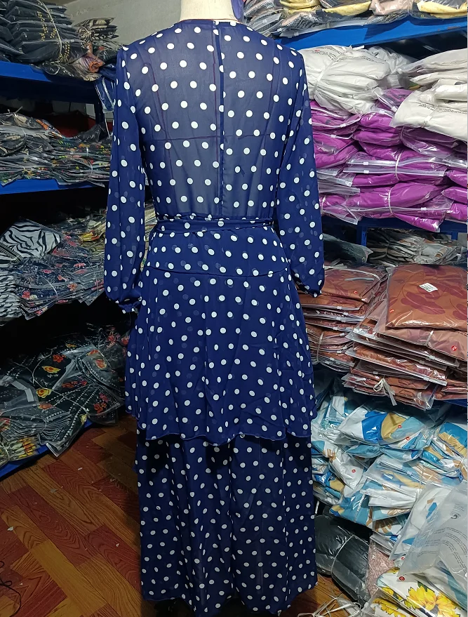 Elegante vestido de festa feminino, vestido de verão, decote V, manga comprida, assimétrico, em camadas, estampado em bolinhas, casual, vestidos longos linha A