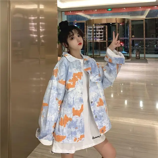 

Tie-Dye Printed Denim Coat Women Color-Blocked Korean Version Autumn New Mid-Length Loose Versatile Niche Long-Sleeved Jacket