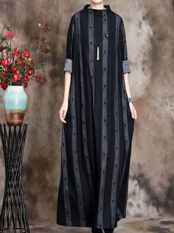 Retro impressão emagrecimento longo sve dr robe feminino outono nova chegada camada base vintage sle cintura solta saia linha a