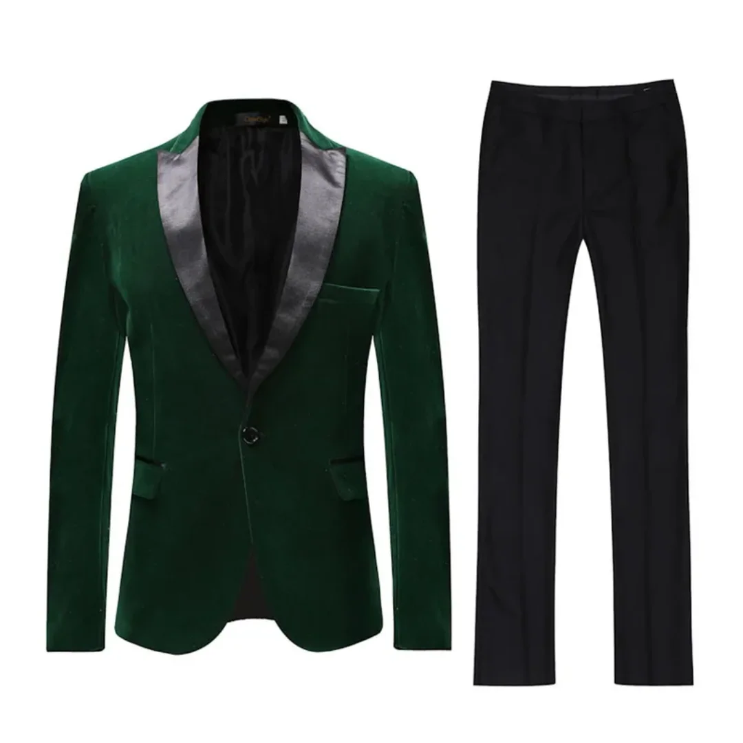 2 Piece Men\'s Green Velvet Suit Peak Lapel One Button Blazer Wedding Groom Tuxedos Pants Jacket for Party Prom