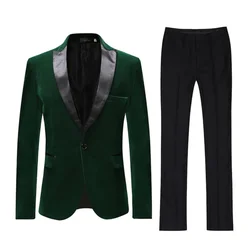 2 Piece Men's Green Velvet Suit Peak Lapel One Button Blazer Wedding Groom Tuxedos Pants Jacket for Party Prom