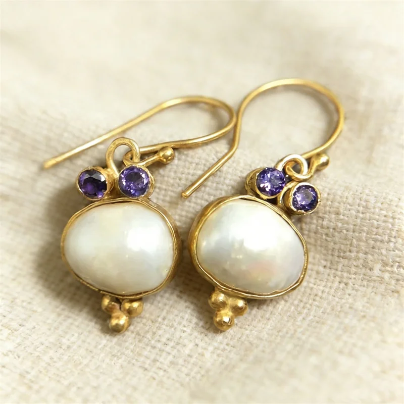 Vintage Oval Inlaid White Stone Earrings Classic Gorgeous Gold Color Metal Purple Zircon Dangle Earrings Jewelry
