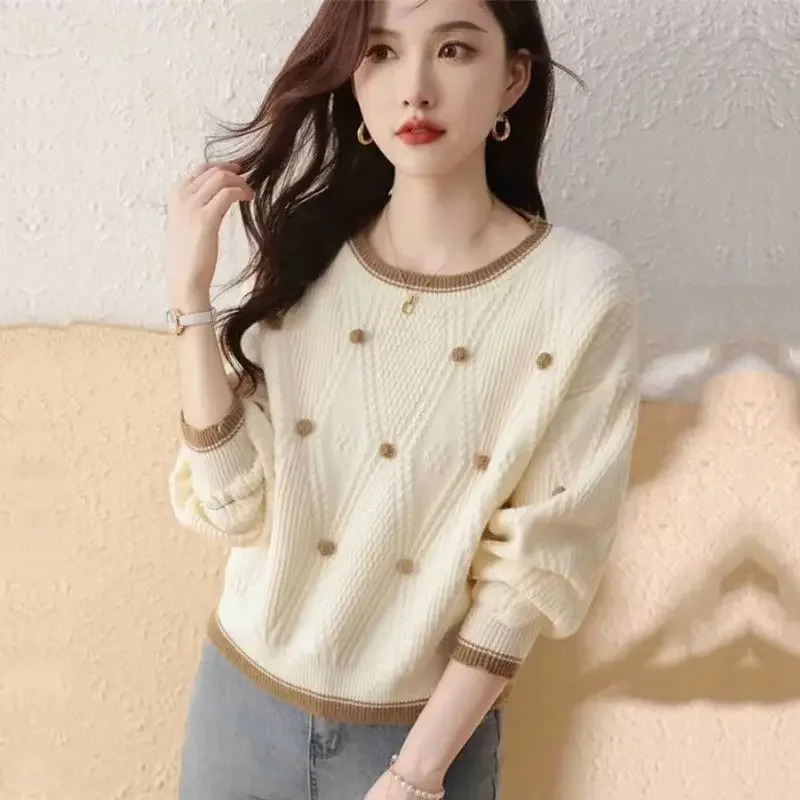 

Knitted Sweater Women's Loose Fit New Korean Version Small Round Neck Base Sweater Women's Top