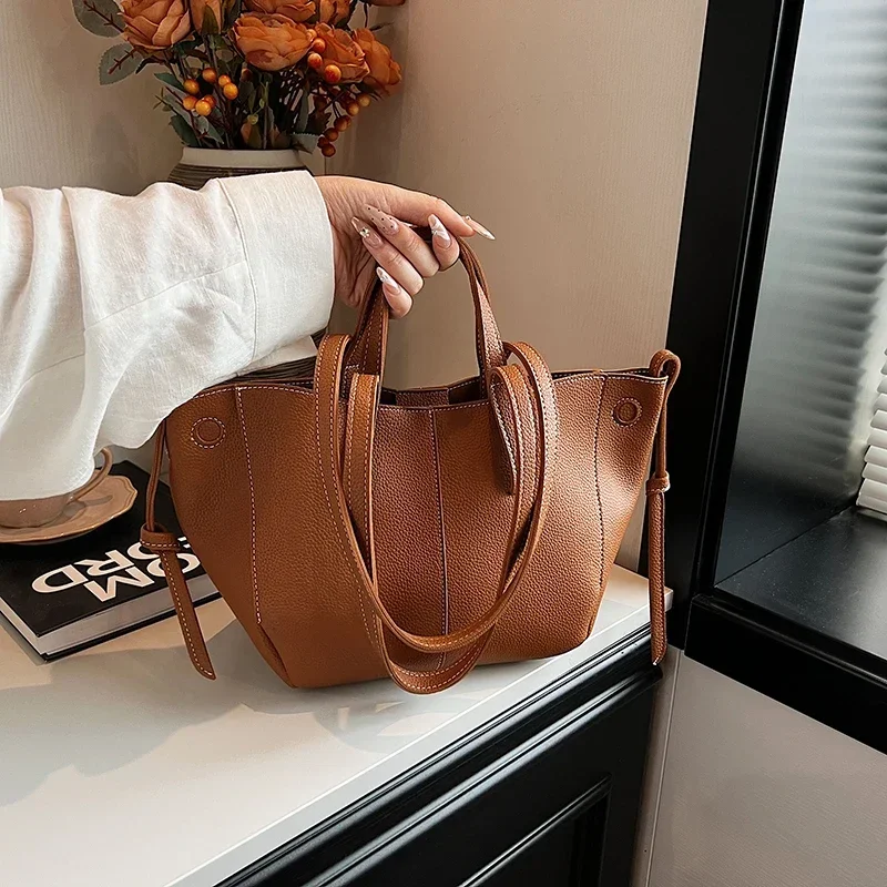 Autumn Vintage Soft Pu Leather Tote for Women 2024Luxury Designer Large Capacity Top Handle Bag Hobo Shopper Shoulder Bag Female