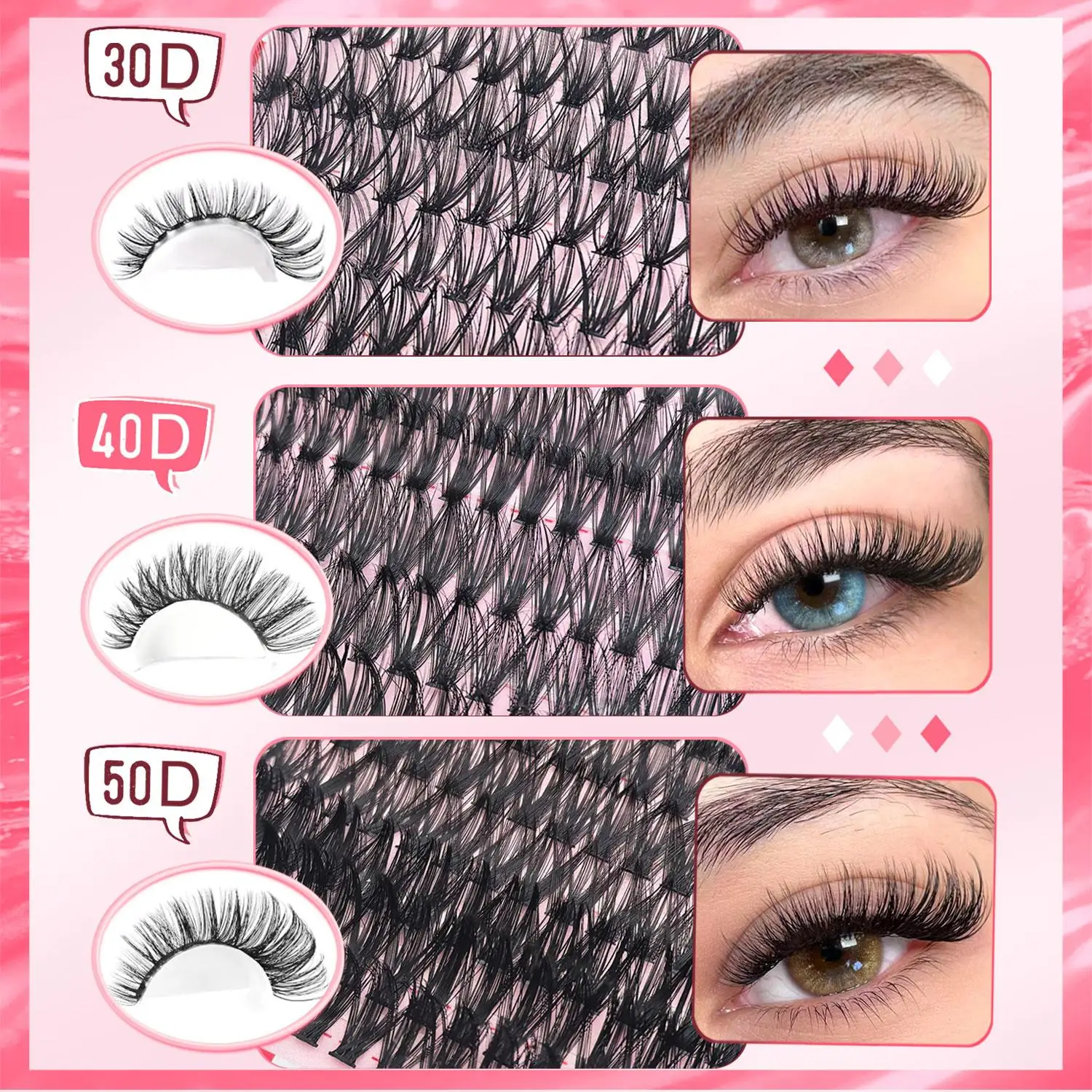 640PCS Lash Cluster Kit 30D 40D 50D D Curl Soft Lashes DIY Eyelash Extension Set with Tweezers and Glue Beginner Friendly Home