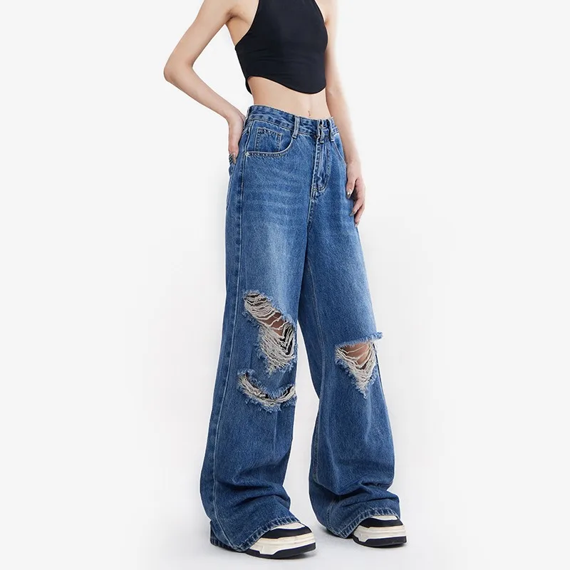 

WCFCX STUDIO Jeans for Womans Y2k Streetwear High-Waisted Wide-leg Jeans Fashion Baggy Trousers Vintage Torn Floor-length Pants