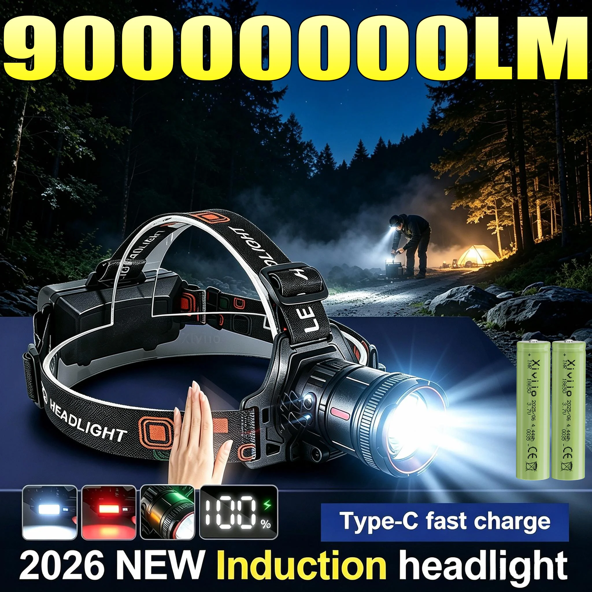 Super Powerful 90000000LM LED Headlamp Fishing USB Rechargeable Head Torch 7 Modes Zoom Head Lantern Outdoor Camping Headlight