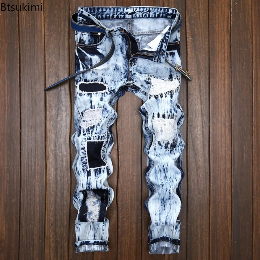 Fashion High Street Men\'s Jeans Trend Embroidery Patchwork Ripped Hole Denim Pants Men Vintage Straight Casual Pants Large Size