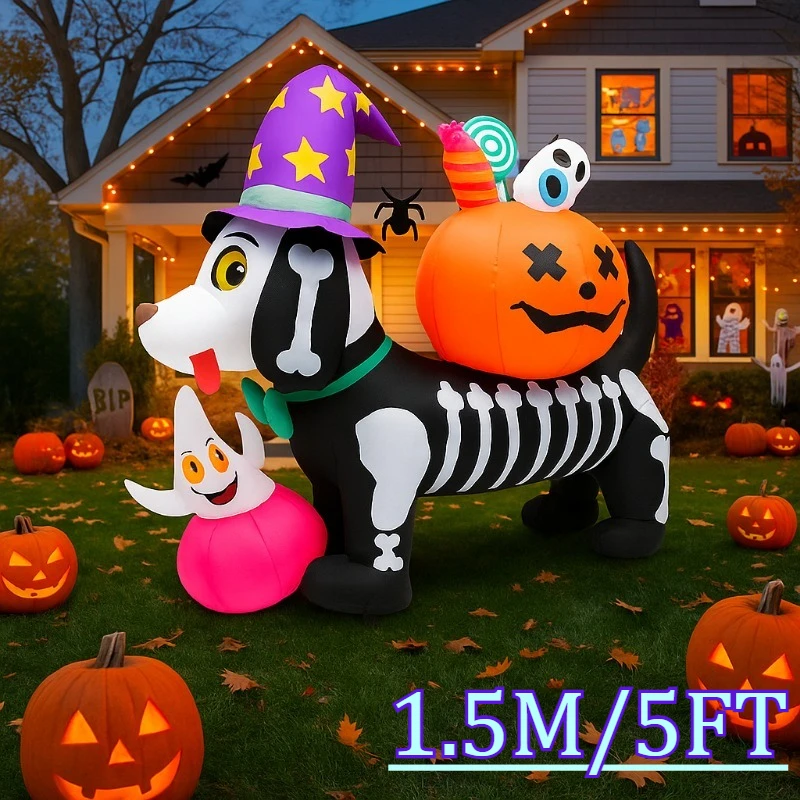 

5FT Holiday Lighting Halloween Skeleton Dog with Pumpkin Decorations LED Light Up Blow Up Lawn Outside Indoor Outdoor Yard Decor