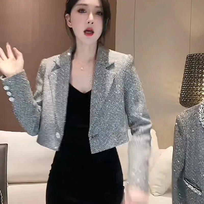 Vintage Cropped Blazers Women French Light Luxury Sequins Elegant Suit Jacket Long Sleeve Office Lady Striped Casual Short Coats