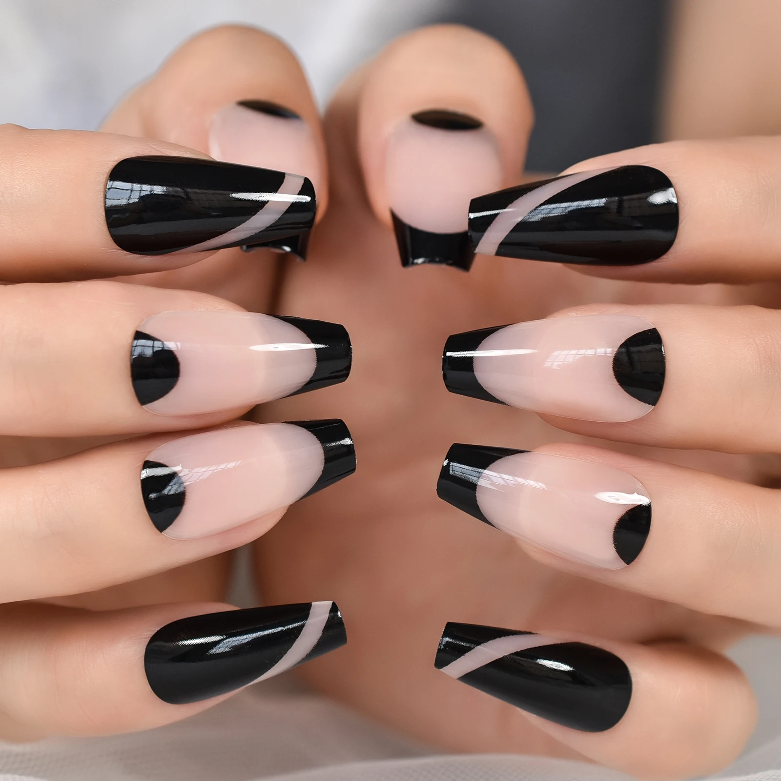 French Fingernails Black Top Lines Design Medium Coffin Press On Nails Fake Nail Tips Fingernails With Tabs For Daily Wear