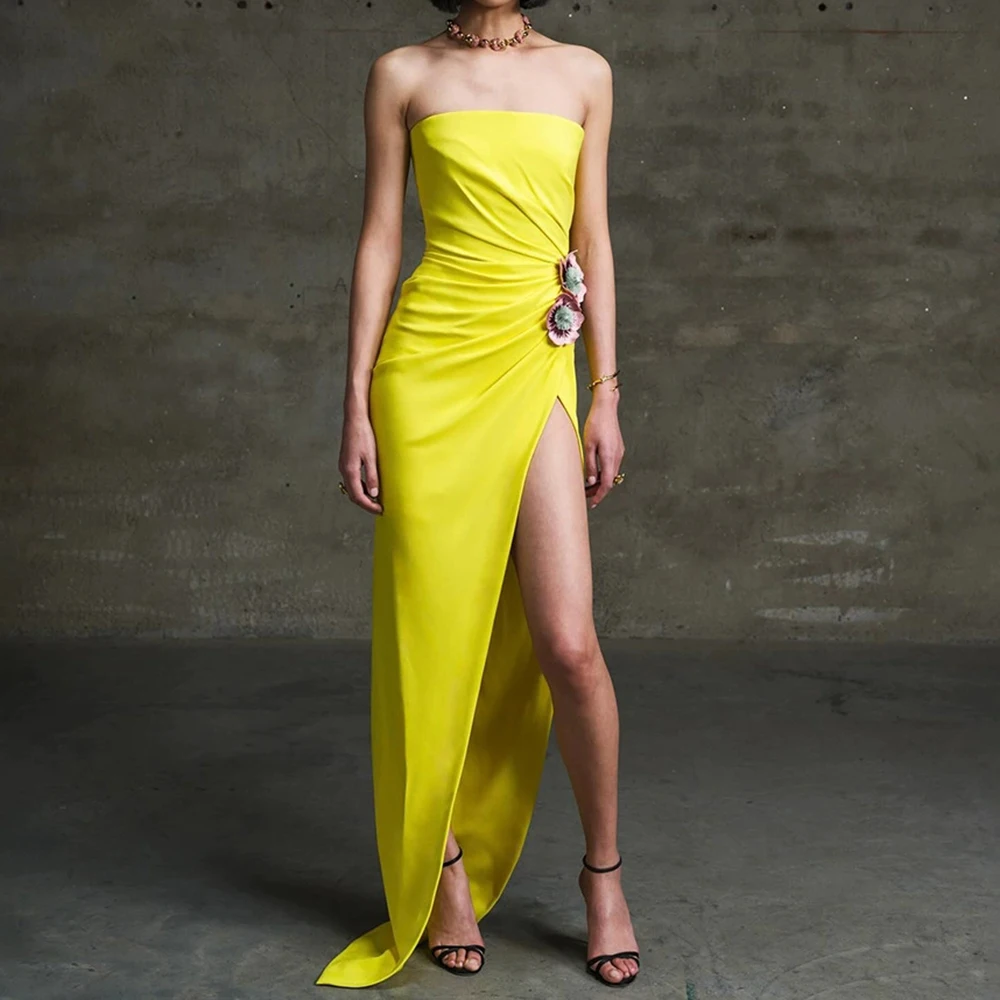 Letnia nowa żółta trójwymiarowa sukienka z haftowanymi kwiatami, długa sukienka bez ramiączek-GZXX366