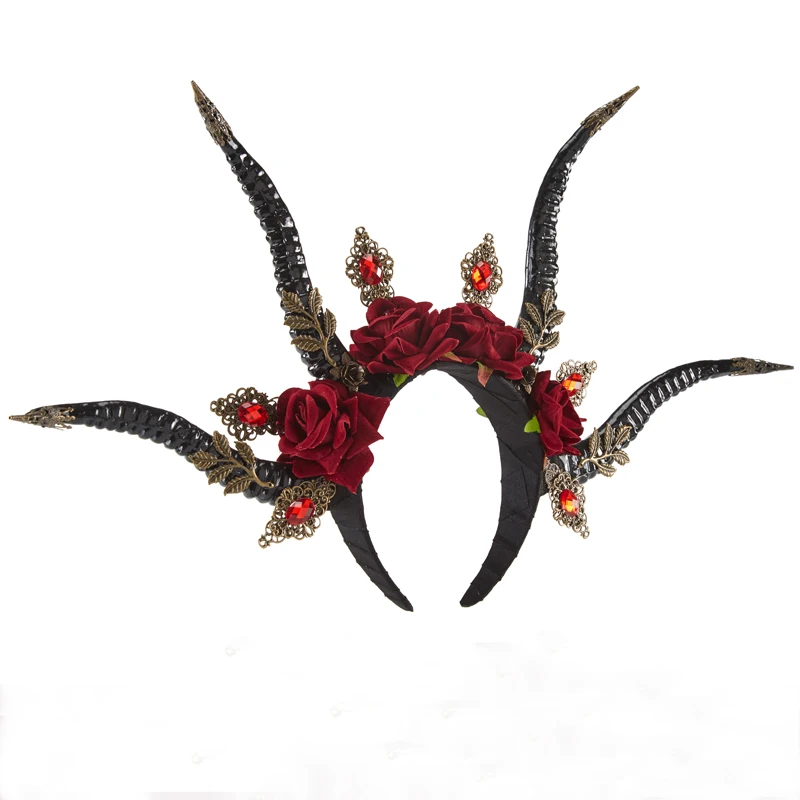 Gothic Antelope Long Horns Crown Retro Red Crystal Rose Halloween Headdress Vintage Party Headband Decors