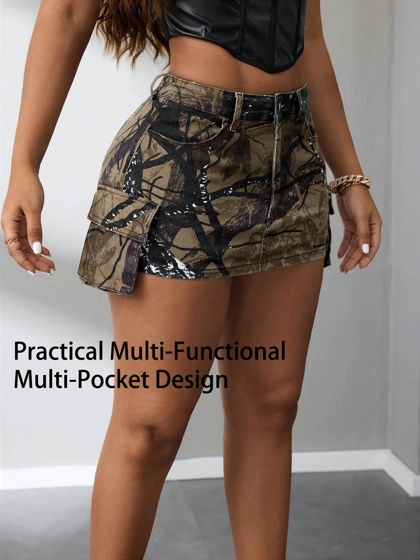 Women's Camo - Patterned Mini Skirt with Functional Side Pockets, Casual and Stylish, Showing Personal Sexy Charm