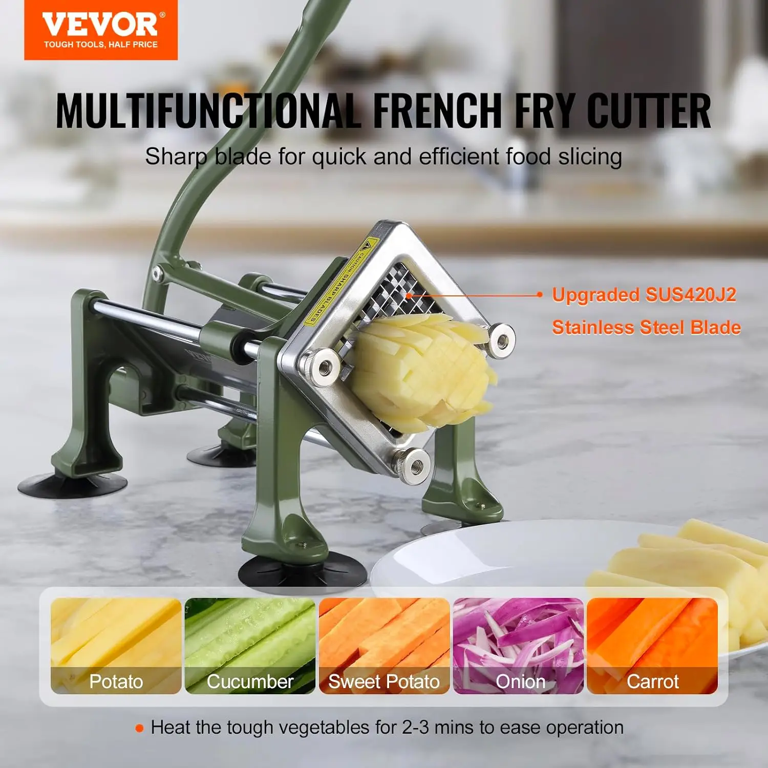 French Fry Cutter, Potato Slicer with Stainless Steel Blades, Manual Potato Cutter Chopper with Suction Cups, Great for Potato,