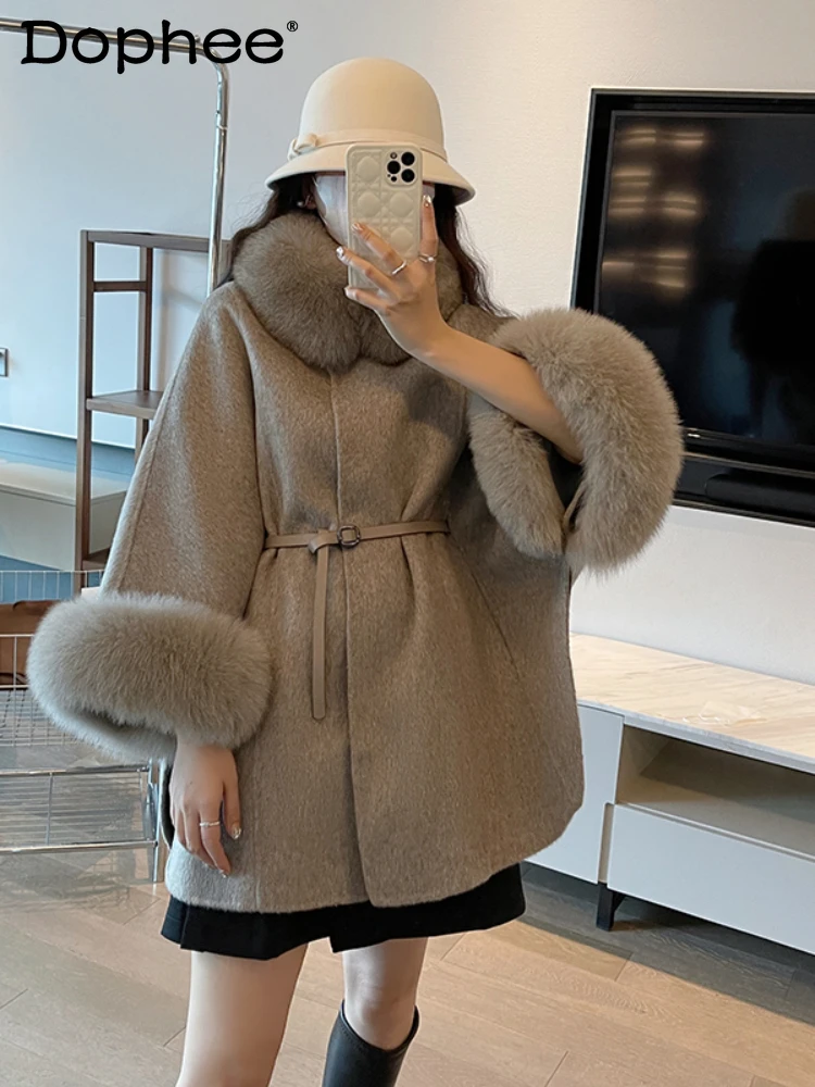 

Fashionable Fur Collar Double Faced Woolen Coat Women 2023 Autumn Winter New Detachable Fox Fur Cape and Shawl Wool Coat Female