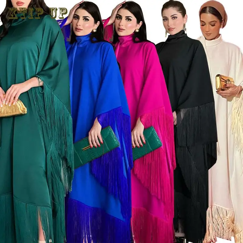 

Middle Eastern Dubai Muslim Arab Women's Bat Sleeve Tassels Morocco Kaftan Abaya High Fashion Islamic Dress Moderst Party Dress