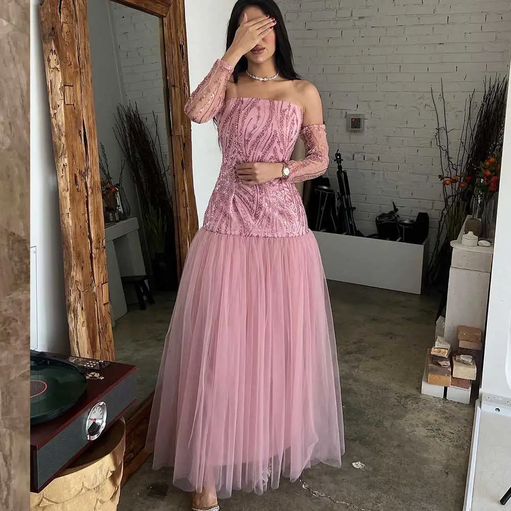 

Pink A-Line Tulle Evening Gown Strapless Spaghetti Strap Draped Lace Backless Women’s Ankle-Length Prom Party Dresses