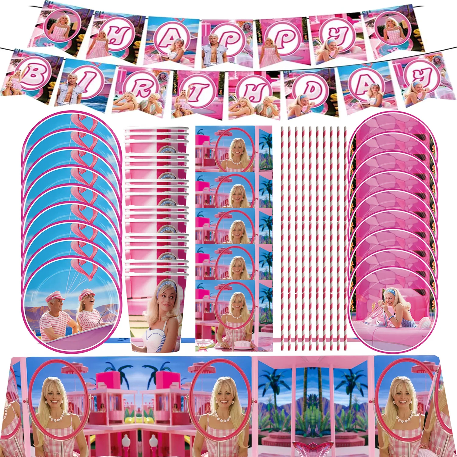 Pink Princess Movie Girls Birthday Decoration Set Balloons Doll Backdrop Tableware Kit Baby Shower Girls Favor For Party Supplie