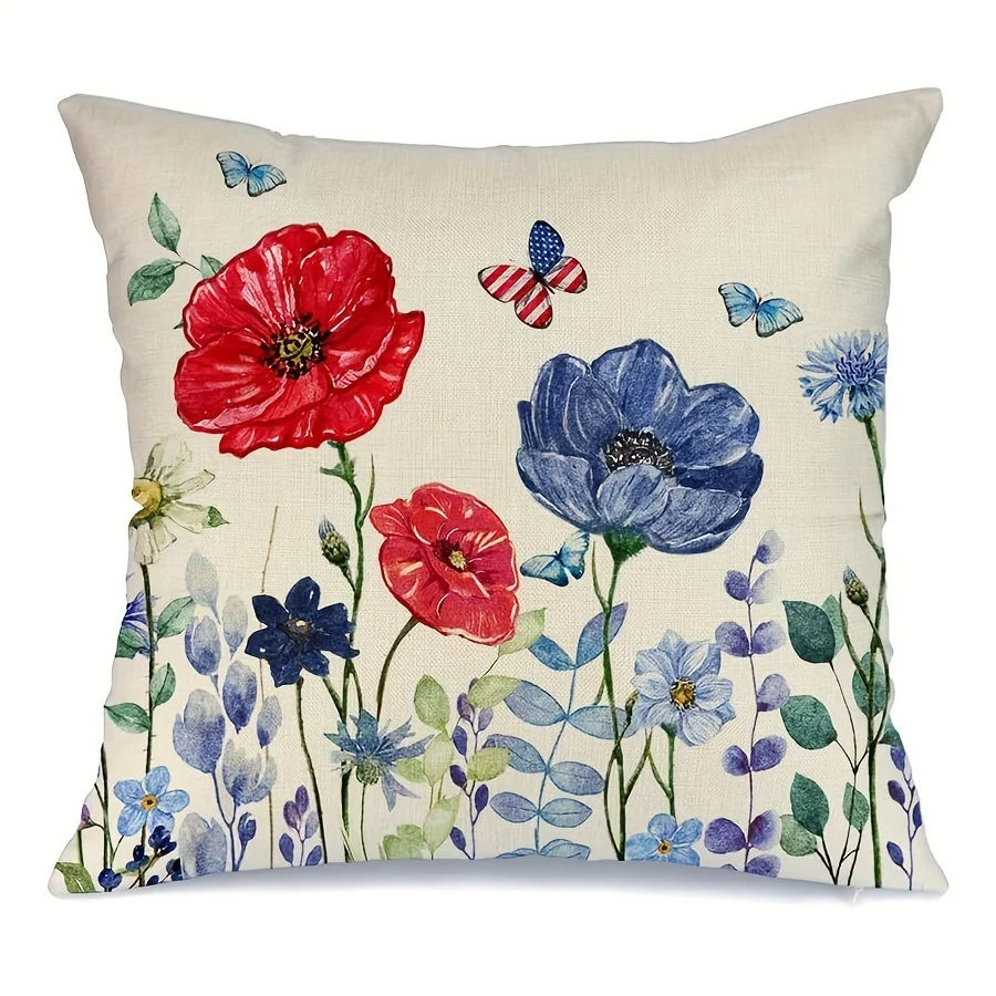 Contemporary Linen Throw Pillow Cover - Patriotic Floral Design 4th Of July Independence Day Memorial Decor  Zip 45x45cm