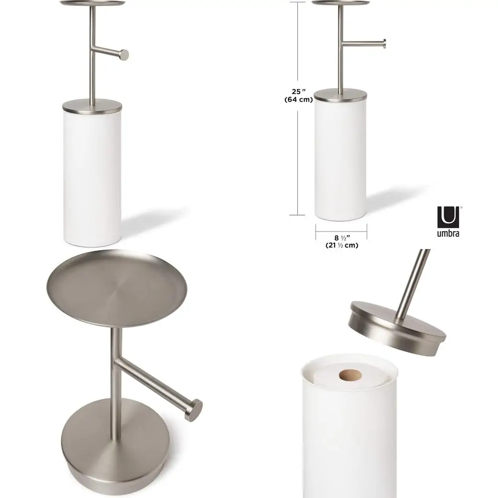 

Toilet Paper Stand with Reserve, White and Nickel Finish, Modern Bathroom Accessory for Easy Tissue Dispensing