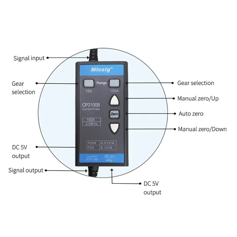 Sonda prądowa oscyloskopu Mikig CP2100B Uniwersalna sonda AC DC 2,5 MHz 10 A/100 A Maksymalny prąd pomiarowy 100Apk 70,7 ramienia