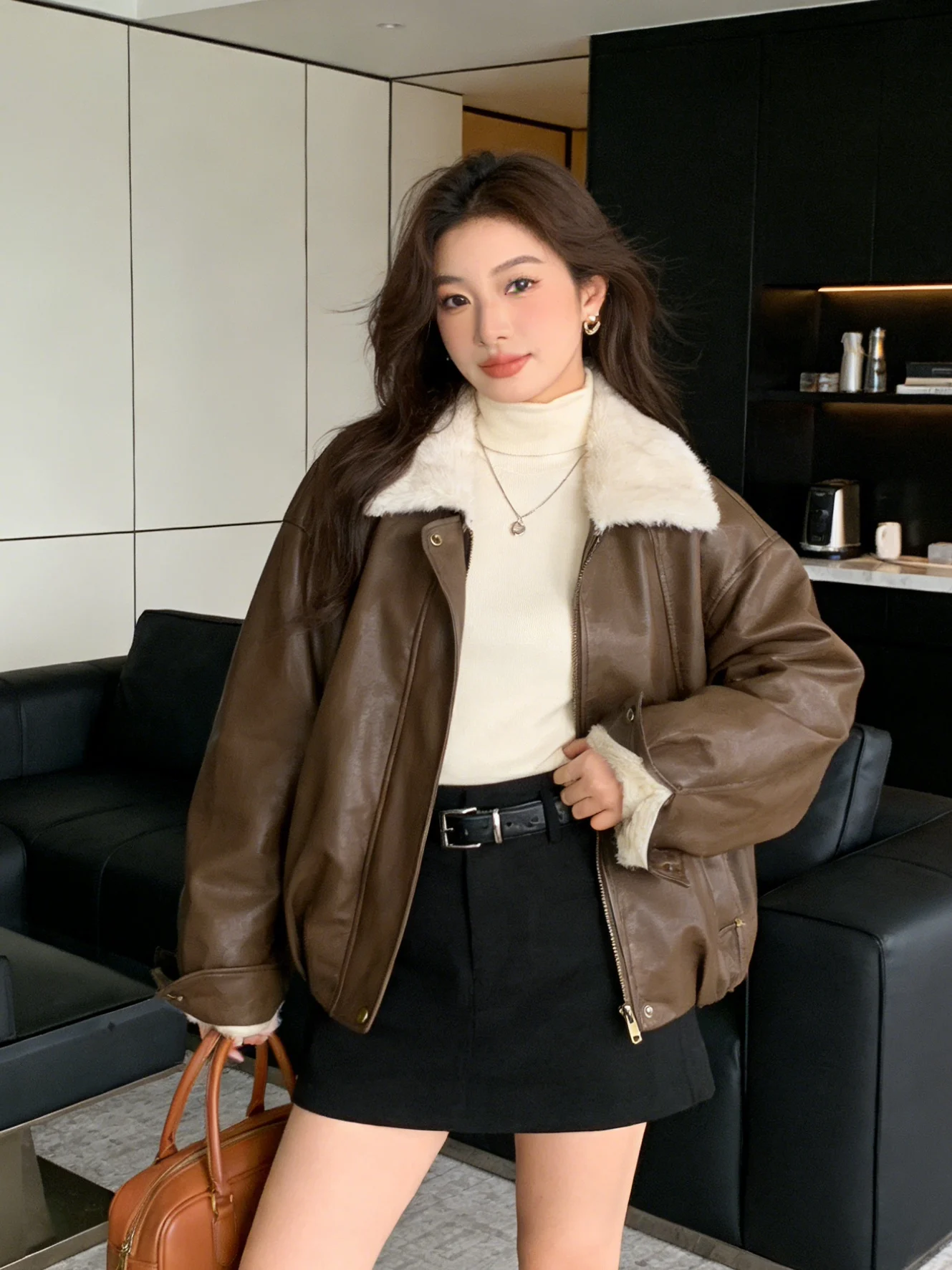 

Warm Fce Lined ort Biker Jaet Women's Retro Lamb Fur Collar PU Leather Coat Korean Sle Stand Size with ket