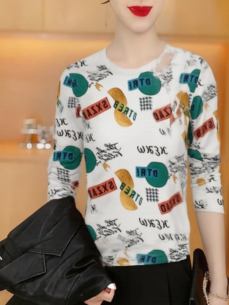 

Elegant Plant Print Long Sleeve T-Shirt Women's Mid-aged Mommy Style Slimming Versatile Top Polyester Fiber round Neck Casual...