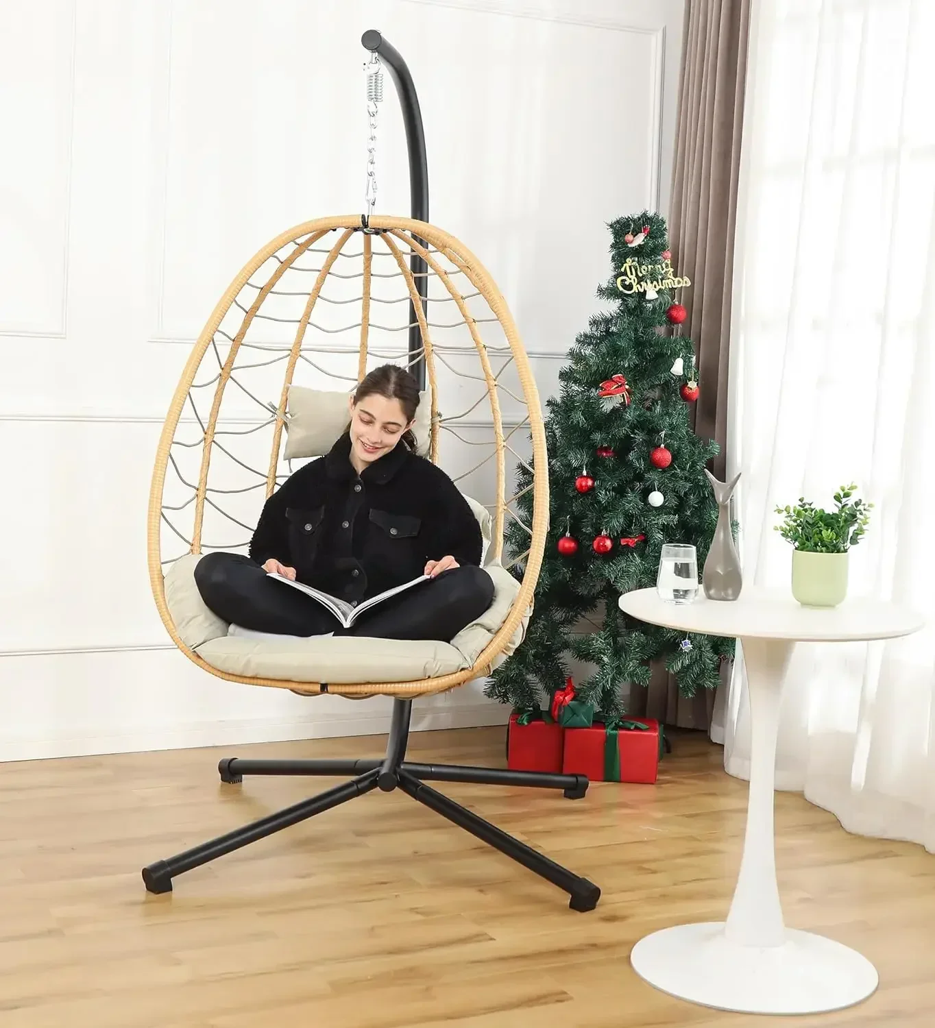 Egg Chair with Stand, Hammock Hanging Chair Nest Basket & Washable Cushions UV Resistant Removable,350LBS Capacity Egg Chair