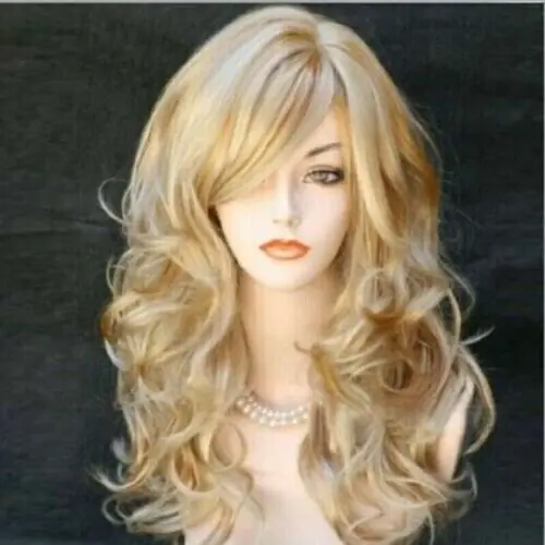 Golden Blond Women's Natural Wavy Bang less Wig Real  Hair Wig 24 Inch