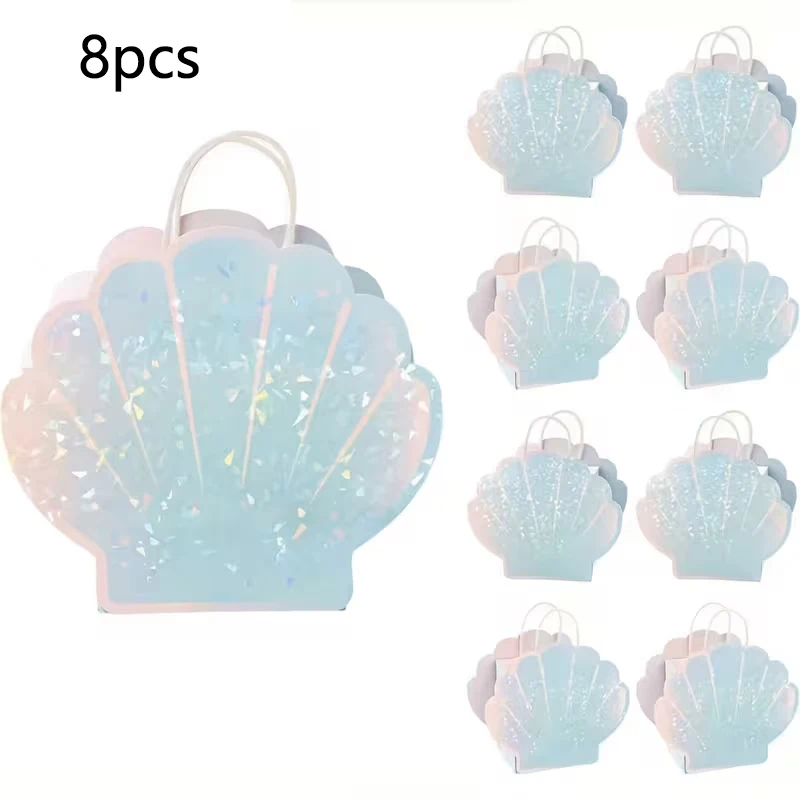8 Stück Geschenktüten aus Muschelpapier mit Henkel, Meerjungfrauen-Geburtstagsparty, Unterwasser-Party, Süßigkeiten- und Snacktüten, Kinder-Ozean-Babyparty-Geschenktüten