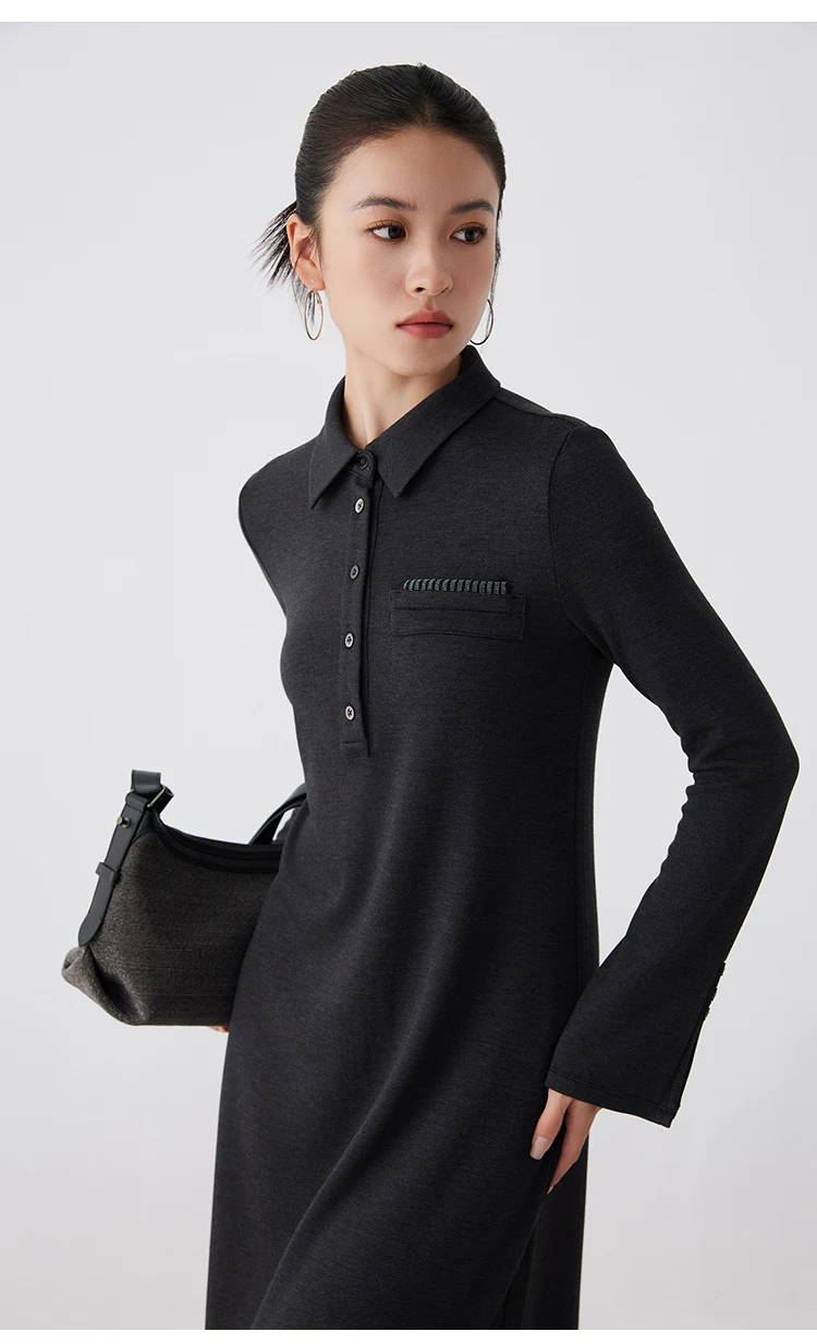 K2690W Acetat-Wollkleid für Herbst und Winter, Midi-Länge, lange Ärmel, hochwertige Luxus-Damenbekleidung – Detail 6