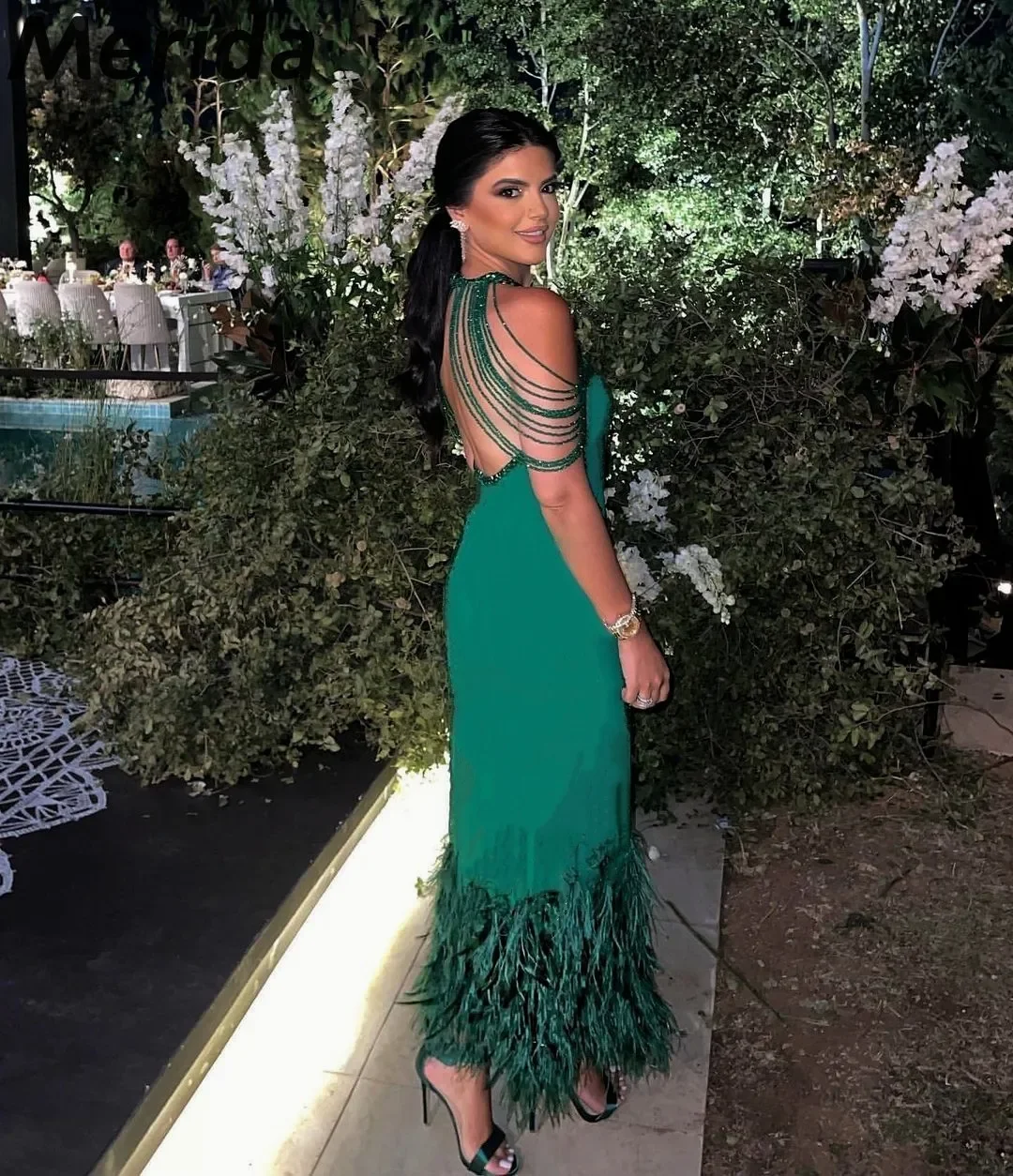 Yipeisha Arabia Luxury Evening Dresses Feathers Backless Green Prom  Beads Ankle-length Customizable فساتين مناسبة رسمية