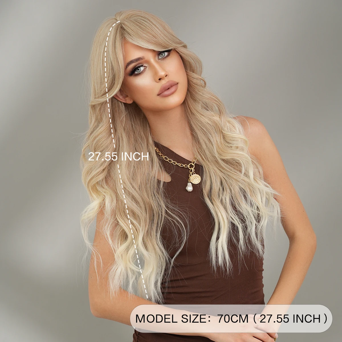 PARK YUN Synthetic Long Loose Wavy Light Brown Wigs Gradient Beige For Woman Daily Party High Density Layered With Bangs