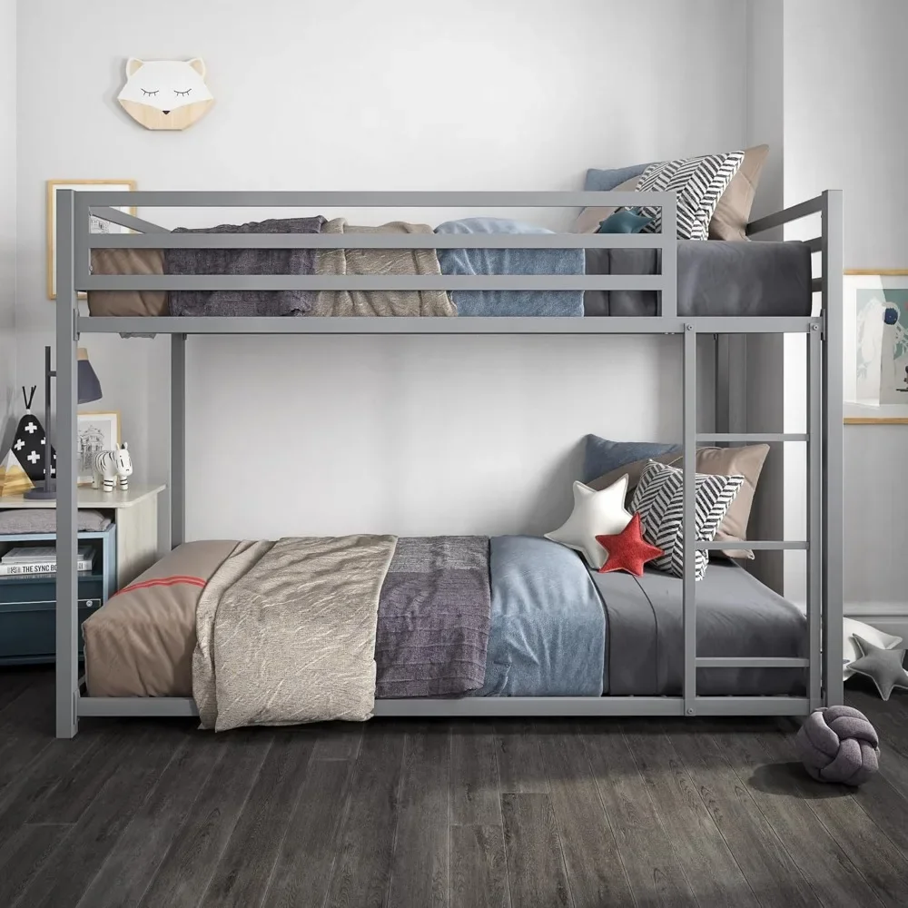 Metal Bunk Bed Frame for Kids,With Built-in Ladder,High Guardrail and Metal Slats,Floor Bed Bottom Bunk,No Boxspring Required