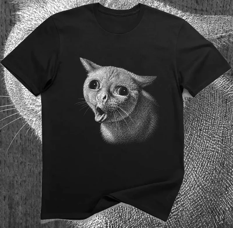 Funny Coughing Cat T-Shirt – Goofy Reaction Cat Meme Graphic Tee Four season popular unisex cotton T-shirt