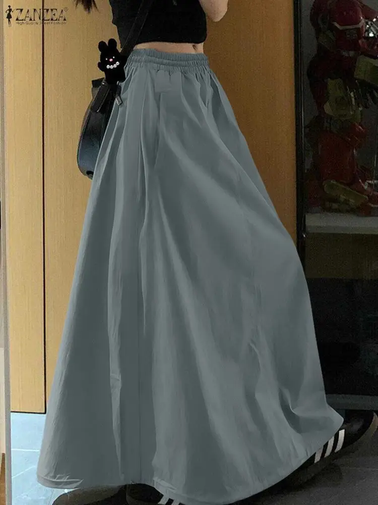 

ZANZEA Women Minimalist A-Line Maxi Skirts Spring Fashion Elastic Wasit Solid Color Long Jupes Femme Casual Loose Woman Clothes