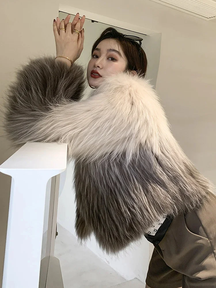 Color Gradient Real Fur Coat Women Luxury Double-sided Woven Raccoon Dog Warm Autumn Winter Jackets Female