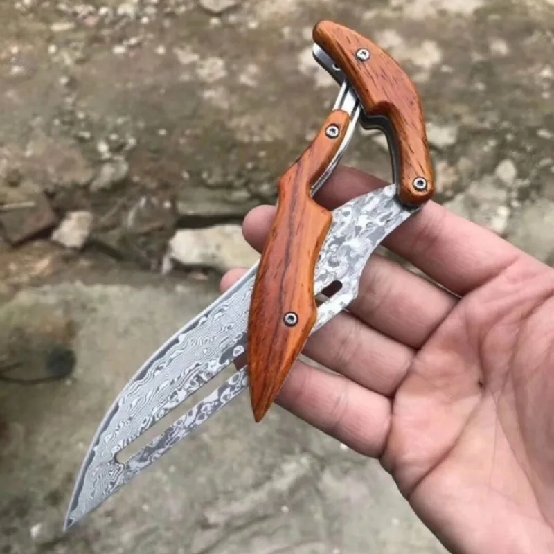 Mechanical VG10 Damascus Blade Folding Knives Multifunction Outdoor Funny Knife for Hunting/fishing Collection with Wood Handle