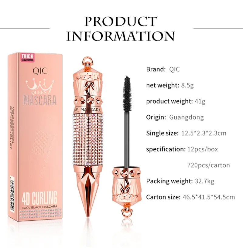 Mascara Waterproof Smudge Proof Elongate Eyelashes Makeup Tool, Natural Thick Curling, Rhinestone Decorative Shell 1pcs Gift